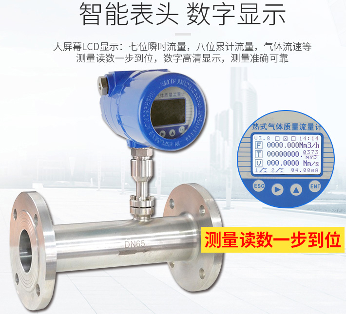 管道式熱式氣體質量流量計液晶表頭顯示圖